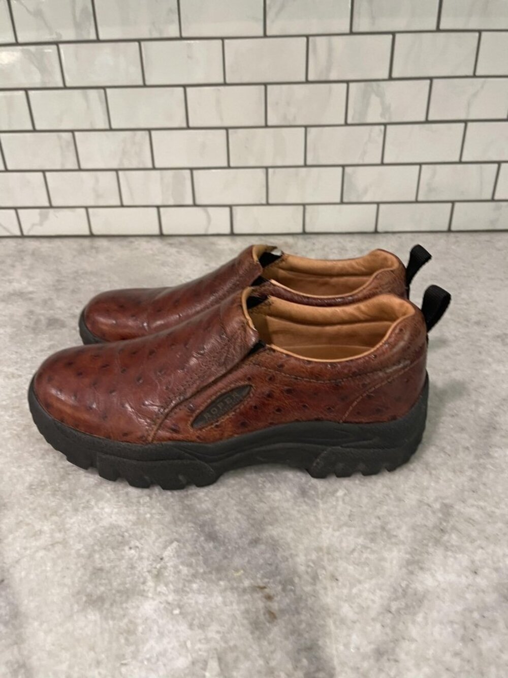 Roper Performance Shoes‎ Mens Size 8 Brown Leather Slip On Loafers Ostrich Print